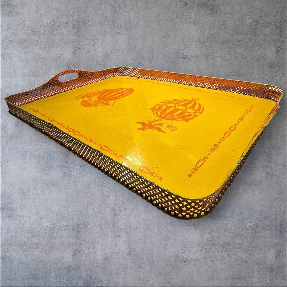 Vintage‎ Italian Metal Tray Painted Hot Air Balloon Yellow 26x17 Rustic Decor